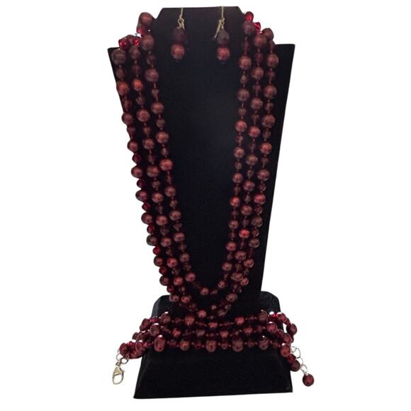 Burgundy Red Pearl Crystal Necklace Bracelet Earring Set Sterling Silver 925 - Picture 1 of 13
